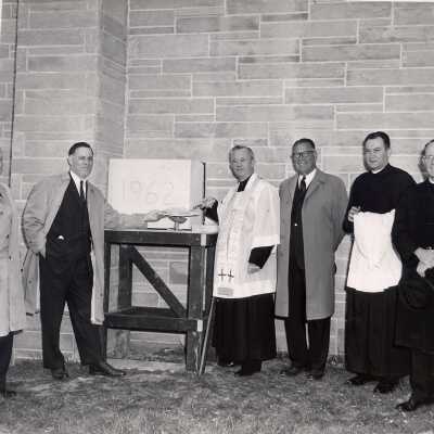 Drexel Library dedication and laying of cornerstone with W. Lenby, S.J., Francis J. Renz, S.J., Matthew Sullivan, S.J., and Albert Dagit, Architect.