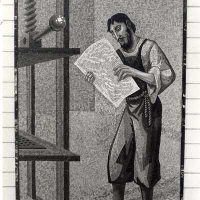 View of mosaic depicting Gutenberg and the printing press on wall in Drexel Library.