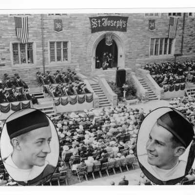 View of 1935 graduation/commencement ceremony in Barbelin Quadrangle with two inserts of students graduating with honors: Michael J. Rock and Robert F. Crowley.
