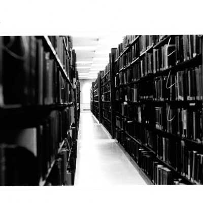 Interior view of stacks in Drexel Library.