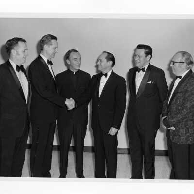 Terrence Toland, S.J., Louis Keeler, Joseph Donnelly, Ronald Bernardin, Raymond Jason, and Edward Kelly before Shaffrey award dinner, April 22, 1972. Recipient, Dr. Max Levin not pictured in photograph.