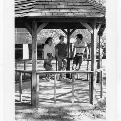 Students talking in gazebo of Gest Estate (now Wolfington Center) in spring. [not original structure; original made with tree limbs]