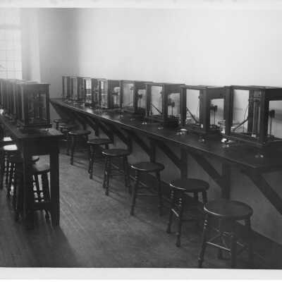 Interior view of balancing room in chemistry laboratory in Barbelin building.