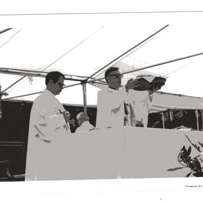 Donald I. MacLean, S.J., saying mass during Baccalaureate service, 1980 graduation/commencement.