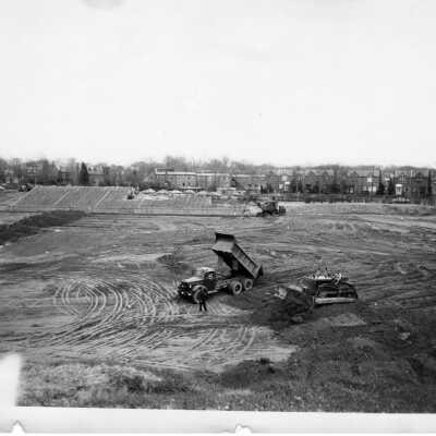 View of Finnesey Field and site preparation for Bellarmine building and removal of spectator stands.