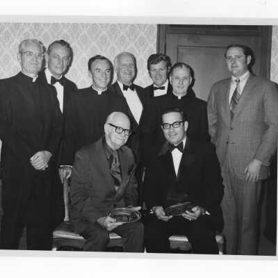 Law alumni awards (Nunc Pro Tunc and Crim-Gray) given to Joseph Nardi, Jr., and Jerry Doyle, with others watching, November 16, 1971.