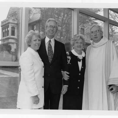 Name dedication of Wolfington Center (formerly Gest Estate, Neumann Hall) with Nicholas S. Rashford, S.J., Mary Wolfington, and Mr. and Mrs. Eustace Wolfington.