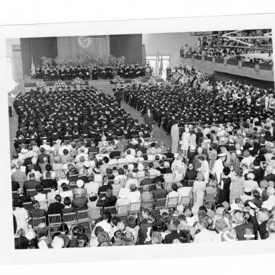 View of 1967 graduation/commencement ceremony in Field House.