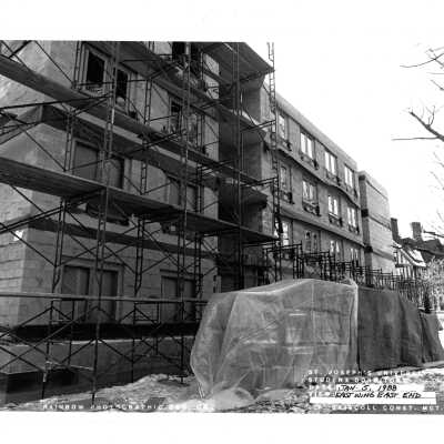 View of McShain Hall construction with scaffolding.