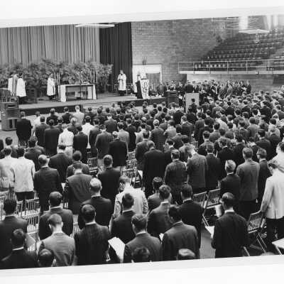 View of closing prayers at Mass of the Holy Spirit in Field House, October 8, 1963.