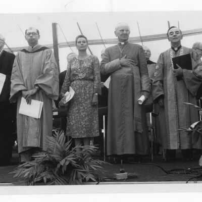 Princess Grace of Monaco, Cardinal John Krol, Terrence Toland, S.J., William F. Maloney, S.J. at academic convocation held on Gest Lawn, July 31, 1976, as part of SJC 125th anniversary celebration.