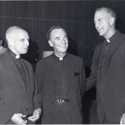 Reception for opening of exhibit, Jesuit Spirit in the Arts, in Boland Hall, July 30, 1976, as part of celebration of 125th anniversary of Saint Joseph's College with Rev. Pedro Arrupe, S.J., Terrence Toland, S.J., and Edward Brady, S.J.