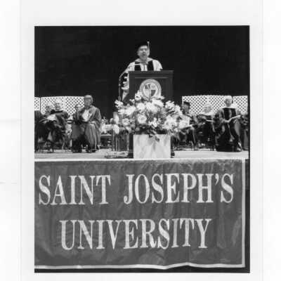 Nicholas S. Rashford, S.J., addressing during 1991 graduation/commencement in Convention Hall in Philadelphia Civic Center.