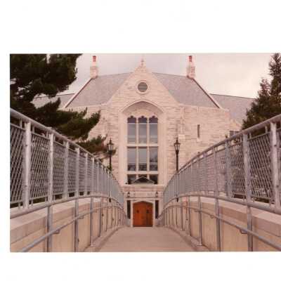 View of entrance to McShain Hall from pedestrian bridge.
