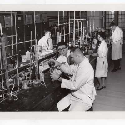 Graduate chemistry students working in science laboratory, February 19, 1963.