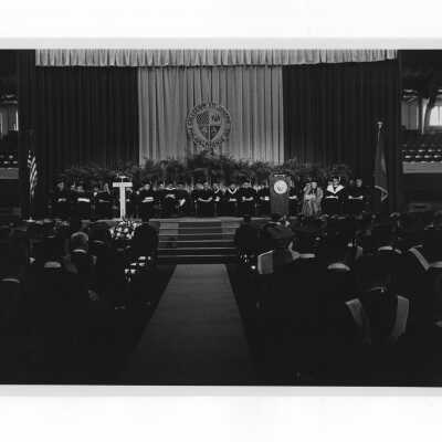 Inauguration of President Terrence Toland, S.J., November 14, 1968. View of stage and audience during ceremony.