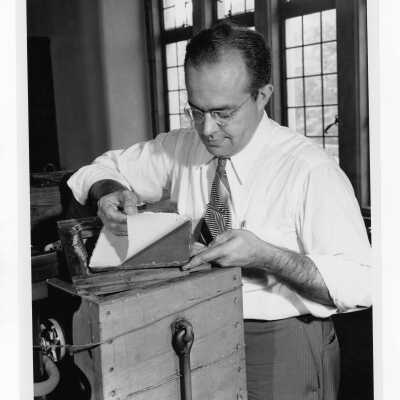 Demonstration of paper making (papermaking) by Douglas Fronmuller of Scott Paper Company and also professor of chemistry at Saint Joseph's College.