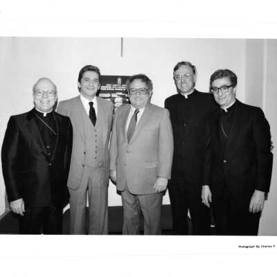 Donald I. MacLean, S.J., Thomas M. Foglietta '49, and others at dedication of new wing of Drexel Library.