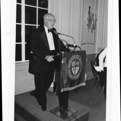James E. Gallagher, Jr. speaking at Alumni Awards dinner, c. 1980.