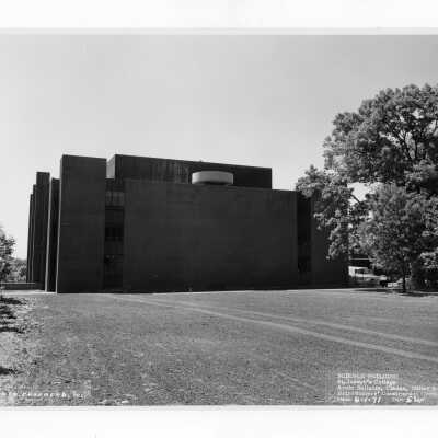 Exterior view of science center near end of construction.