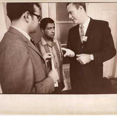 Pax Romana's 20th World Plenary Assembly meets at Saint Joseph's College, August 1968. Cesar Chavez talking with attendees.