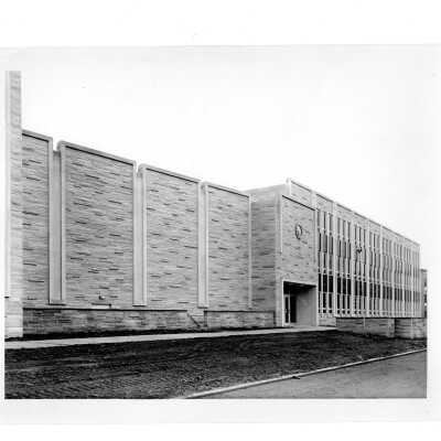 Exterior view of front of Villiger (later Post) Academy of Food Marketing near end of construction.