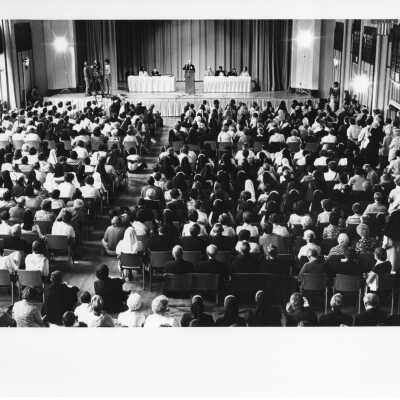 View of audience at panel presentation, "Hunger for Bread and Evangelization," at International Eucharistic Congress, symposium on hunger, August 2, 1976, held at Philadelphia Civic Center.