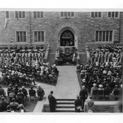 View of 1931 graduation/commencement ceremony held in Barbelin Quadrangle.