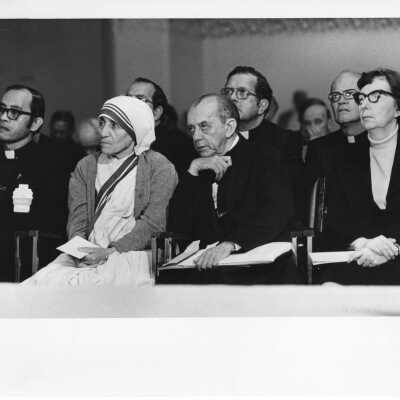 Bishop Francisco Claver, Mother Teresa, Archbishop Helder P. Camara, and Eileen Egan (?) at International Eucharistic Congress, symposium on hunger, August 2, 1976, held at Philadelphia Civic Center.