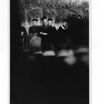 Inauguration of President Terrence Toland, S.J., November 14, 1968. View of Toland and Michael Smith, S.J. on stage during ceremony.