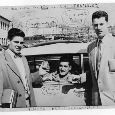 Students in mock advertisement for Chesterfield cigarettes.