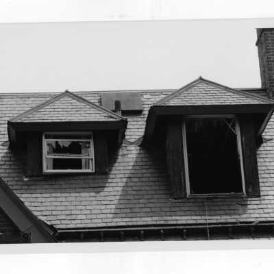 Exterior view of roof of Simpson Hall after fire.