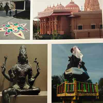 A colorized series of 4 photos from the BAPS Shri Swaminarayan Mandir Hindu temple. The top left photo is of the front entrance and the top right is a sideview of the temple front entrance and side, showing the various domes, spires, and columns. The bottom left image is of a Hindu statue, and the bottom right is of a painted cart with folded fabric banners.