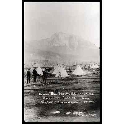 Rebuilding Fernie, B.C. after the Great Fire, Aug. 1 [19]08, Mt. Hosmer in the background. Photograph by Joseph Frederick Spalding (1887-1958): From Fernie & District Historical Society (FMP 00213)