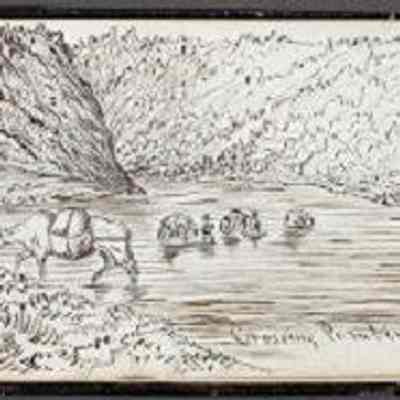 Crossing the Pembina River [Alberta], August 1862. Sketch by William George Richardson Hind (1833-1889). The artist kept a sketchbook while accompanying the Overlanders of 1862.: From Library and Archives Canada (Acc. No. 1963-97-1.85R)