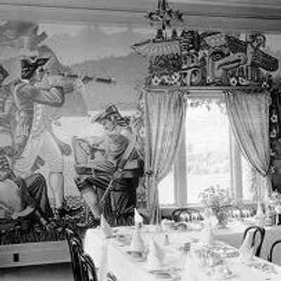 Mural by [Orville Fisher?] painted 1938 in the Malaspina Hotel dining room, 193? Unknown photographer: From Royal B.C. Museum and Archives (Acc. no. 193501-001)