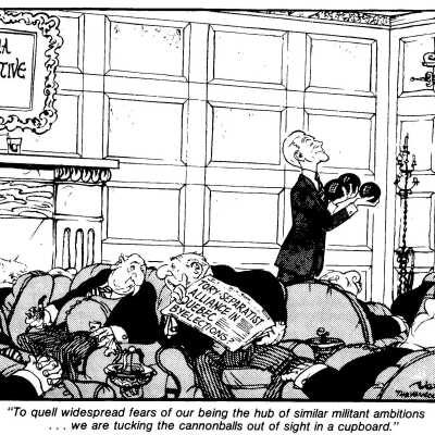 To quell widespread fears of our being the hub of similar militant ambitions... Political cartoon for the Vancouver Sun