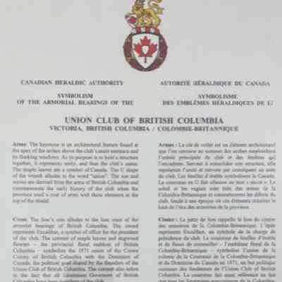 Canadian Heraldic Authority Certificate - Symbolism of Armorial Bearings of the Union Club of B.C.