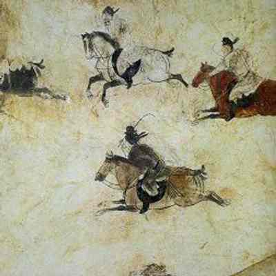 "Polo players at their game", detail - wall of a tomb pathway of Prince Zhang Huai's tomb, interred in 706 AD during the Tang Dynasty of China.: From Tang Li Xian Mu Bi Hua, 1974