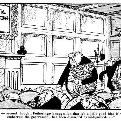 On second thought, Fotheringay’s suggestion that it's a jolly good idea if we also embarrass... Political cartoon for the Vancouver Sun