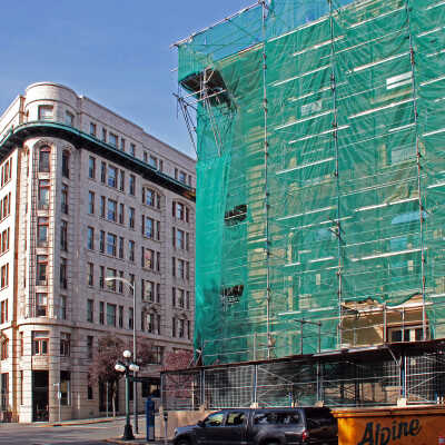 The UCBC Terracotta Restoration Project, No. 8. Work in Progress: Scaffolding and wrap on Humboldt Street