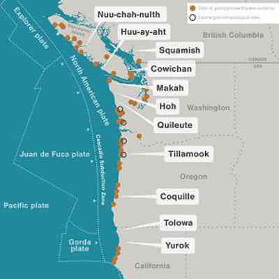 Map of Pacific Northwest Coast showing Cascadia Subduction Zone and archaeological record for evidence of habitation and abandonment over the past 3,000 years in 30 excavated villages along the U.S. coast and Vancouver Island coast. Illustration by Mark Garrison: From Hakai magazine "The Great Quake and the Great Drowning" by A. Finkbeiner, 2015. See Web Links