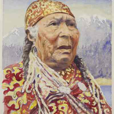 An example of Moore's watercolour work - Mrs. Joe Capilano, 1940. Watercolour by Helen Moore Sewell. Known also by her Skwxwú7mesh name "Lixwelut", Mrs. Joe (Mary Agnes) Capilano (1836-1940) was a Squamish matriarch known for leadership, knowledge of coastal geneology and activism in her community. Chief Joe Capilano (ca.1854-1910), known also by his Skwxwú7mesh name "S7ápelek”, was an influential Squamish leader who campaigned for First Nations rights and justice, and met with King Edward VII in England in 1906.: From Museum of Vancouver Collection (PA 139)