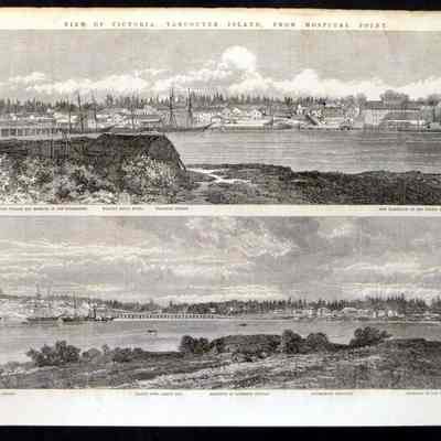 See lower panel: View of Victoria, Vancouver Island, From Hospital Point, ca. 1863, b/w engraving by Mason Jackson (1819-1886), attrib., from drawing by Edmund Morison Wimperis (1835-1900) published in The Illustrated London News (Jan. 18, 1863, page 45) after parts one/two of four-part photograph “Panorama from Songhees Point 1861-62” (date may be 1860-61) by George Robinson Fardon (1806-1886): From Private Collection, ebay Business seller