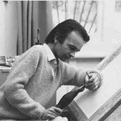 Artist James Fenwick Lansdowne RCA, OC, OBC, in his studio, studying a skin, 1970: Photo by Witney