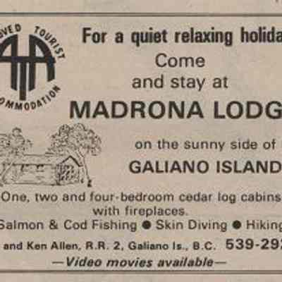 Advertisement for Madrona Lodge, Galiano Island, operated by Gill and Ken Allen, 1980: From The Gulf Islands Driftwood community newspaper. See Web Links