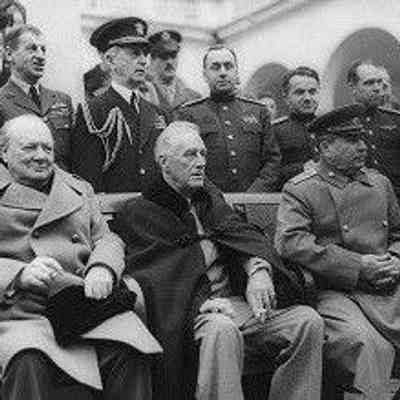The three WWII Allies: Prime Minister Winston Churchill, President Franklin D. Roosevelt, and Marshal Joseph Stalin at the Crimean Conference in Yalta, 1945. Photograph by U.S. Signal Corps.: From Library of Congress Prints and Photographs Division (96522032)