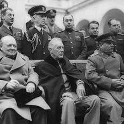 The three WWII Allies: Prime Minister Winston Churchill, President Franklin D. Roosevelt, and Marshal Joseph Stalin at the Crimean Conference in Yalta, 1945. Photograph by U.S. Signal Corps.: From Library of Congress Prints and Photographs Division (96522032)