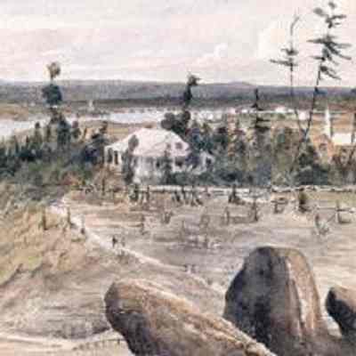 Lower Bytown [later Ottawa], 1841. Watercolour by Philip John Bainbrigge (1817-1881): Residence of Lieutenant-Colonel John By, later Major Daniel Bolton, built atop what is now Major’s Hill Park. The house overlooked the entrance locks to the Rideau Canal from the east and was destroyed by fire in 1848. From Library and Archives Canada