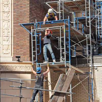 The UCBC Terracotta Restoration Project, No. 4. Work in progress: Installation of scaffolding, Humboldt Street